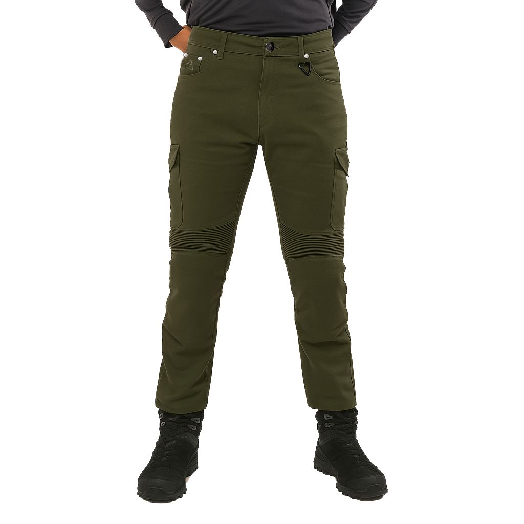 Onyx Phantom – spodnie motocyklowe cargo, widok z przodu na oliwkowe spodnie ochronne.
