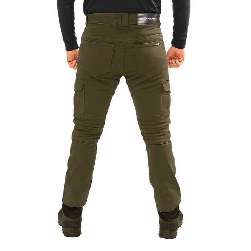 Onyx Phantom Olive – spodnie motocyklowe cargo, widok z tyłu na oliwkowe spodnie ochronne.