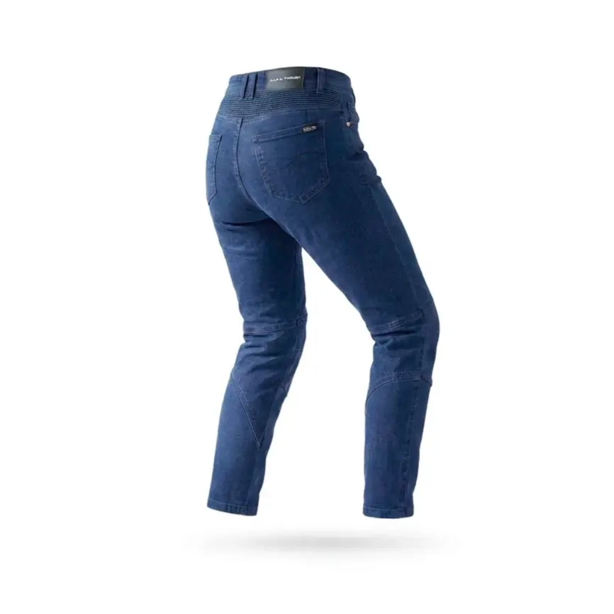 Alfa Thrust Ember Ace – spodnie motocyklowe damskie, niebieskie jeansy ochronne widok z tyłu.