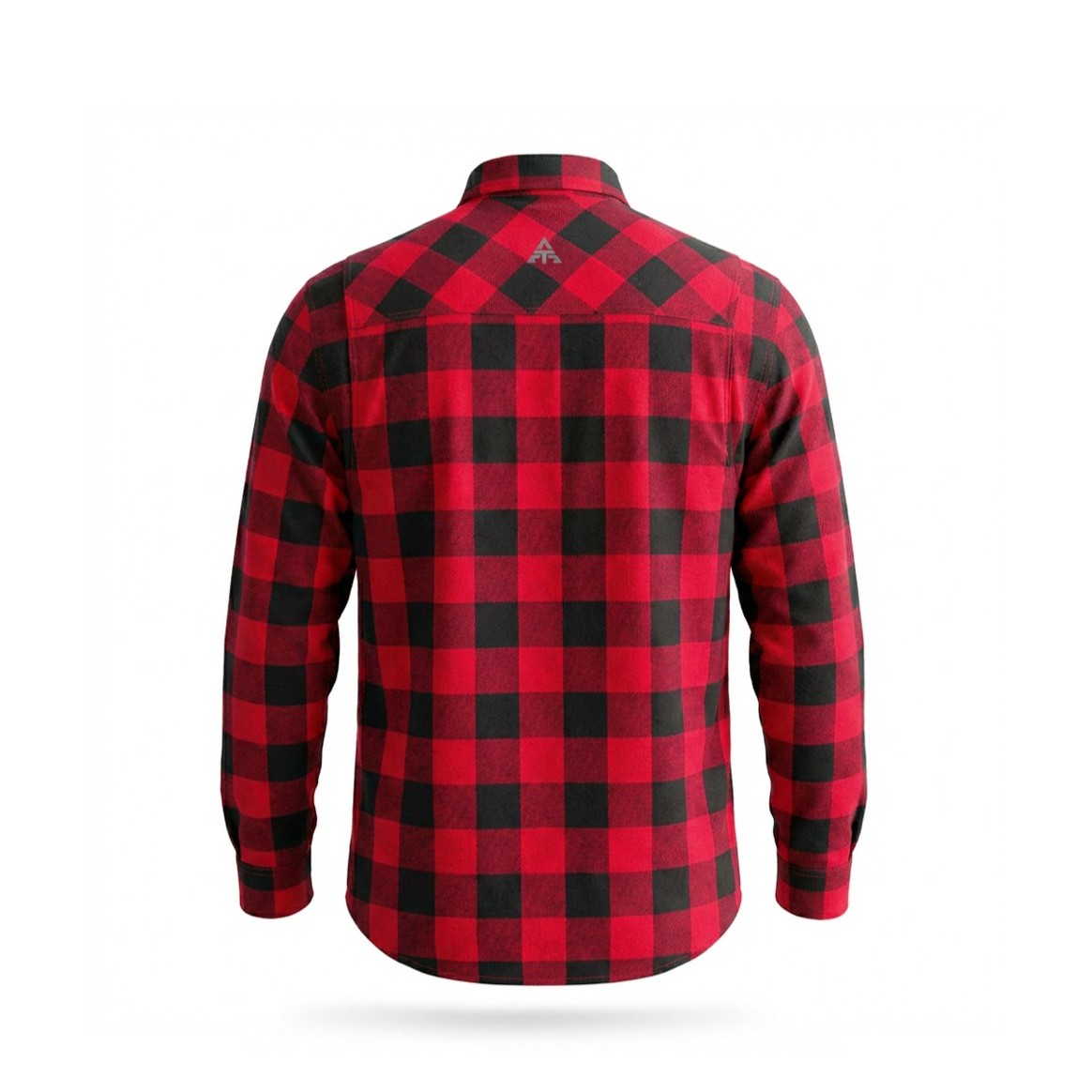 Casper Steel – koszula motocyklowa, czerwona flanela w czarną kratę, widok od tyłu.