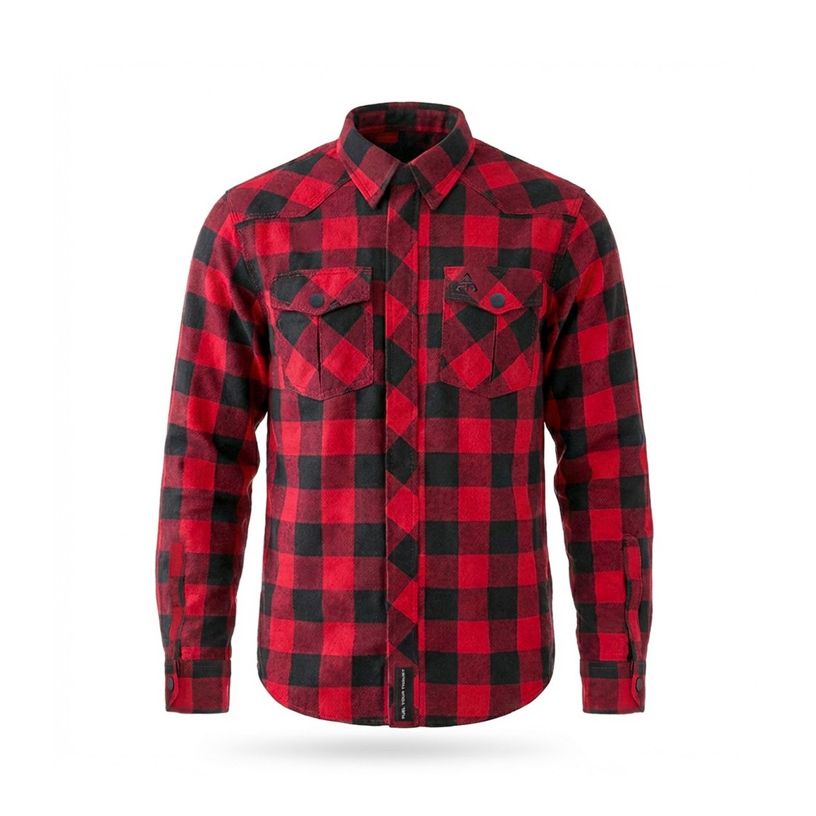 Casper Steel – koszula motocyklowa, czerwona flanela ochronna w czarną kratę, widok z przodu.