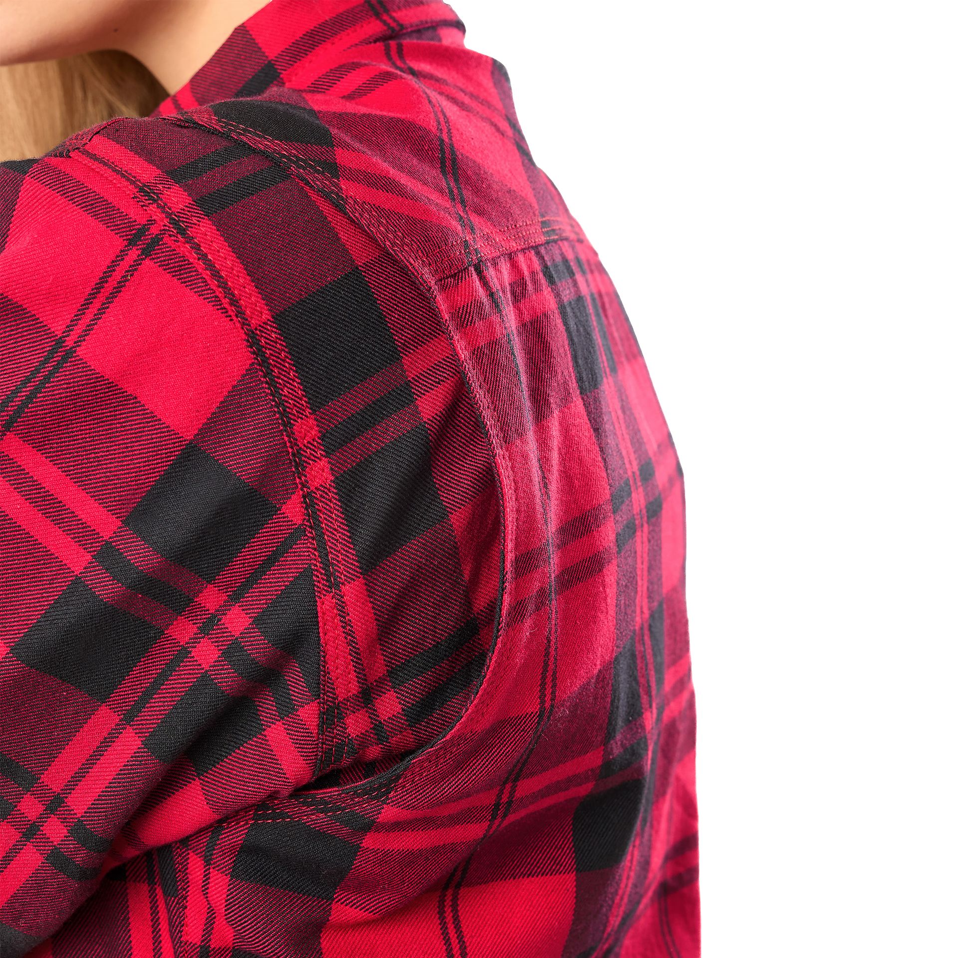 Laura Vixen – koszula motocyklowa, zbliżenie na czerwoną flanelę w kratę i niebieski jeans.