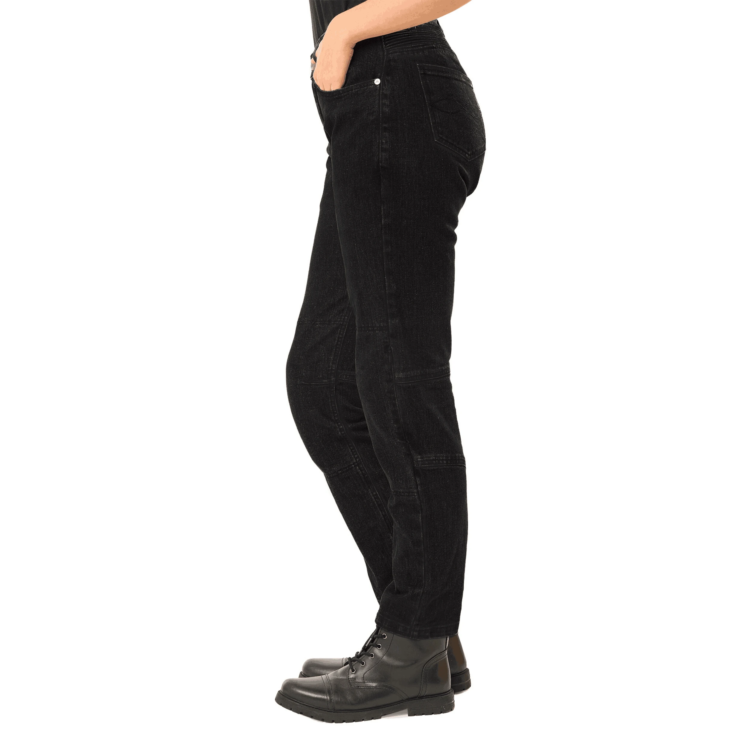 Ember Ace – spodnie motocyklowe, czarne jeansy damskie o dopasowanym kroju, widok z boku na białym tle.