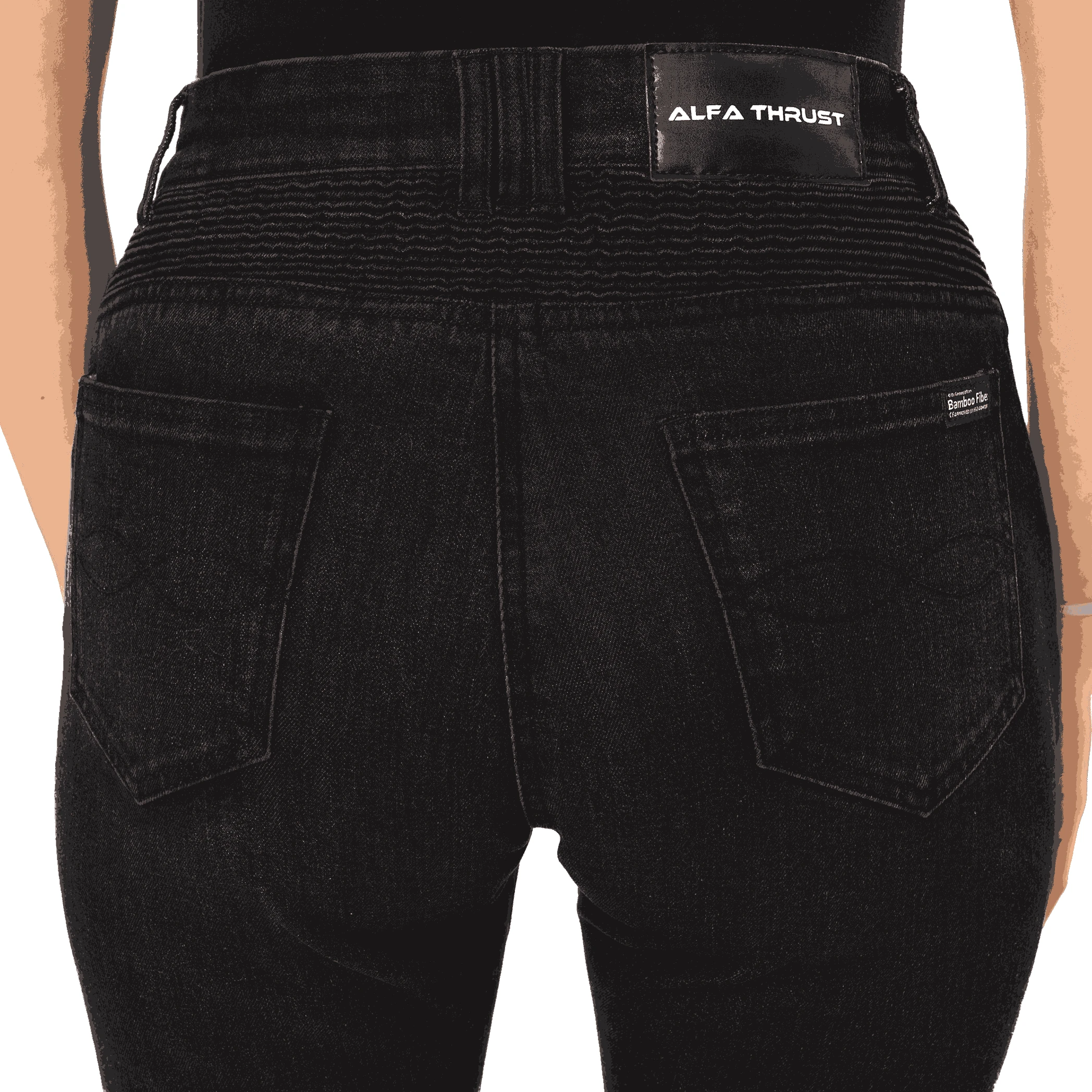 Ember Ace – spodnie motocyklowe, tył czarnych jeansów damskich z widocznym logo Alfa Thrust na pasku.