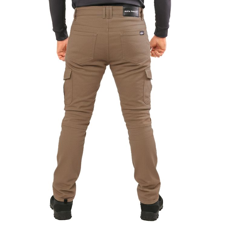 Onyx Phantom Khaki – spodnie motocyklowe, widok z tyłu na dopasowane spodnie typu cargo w kolorze khaki.