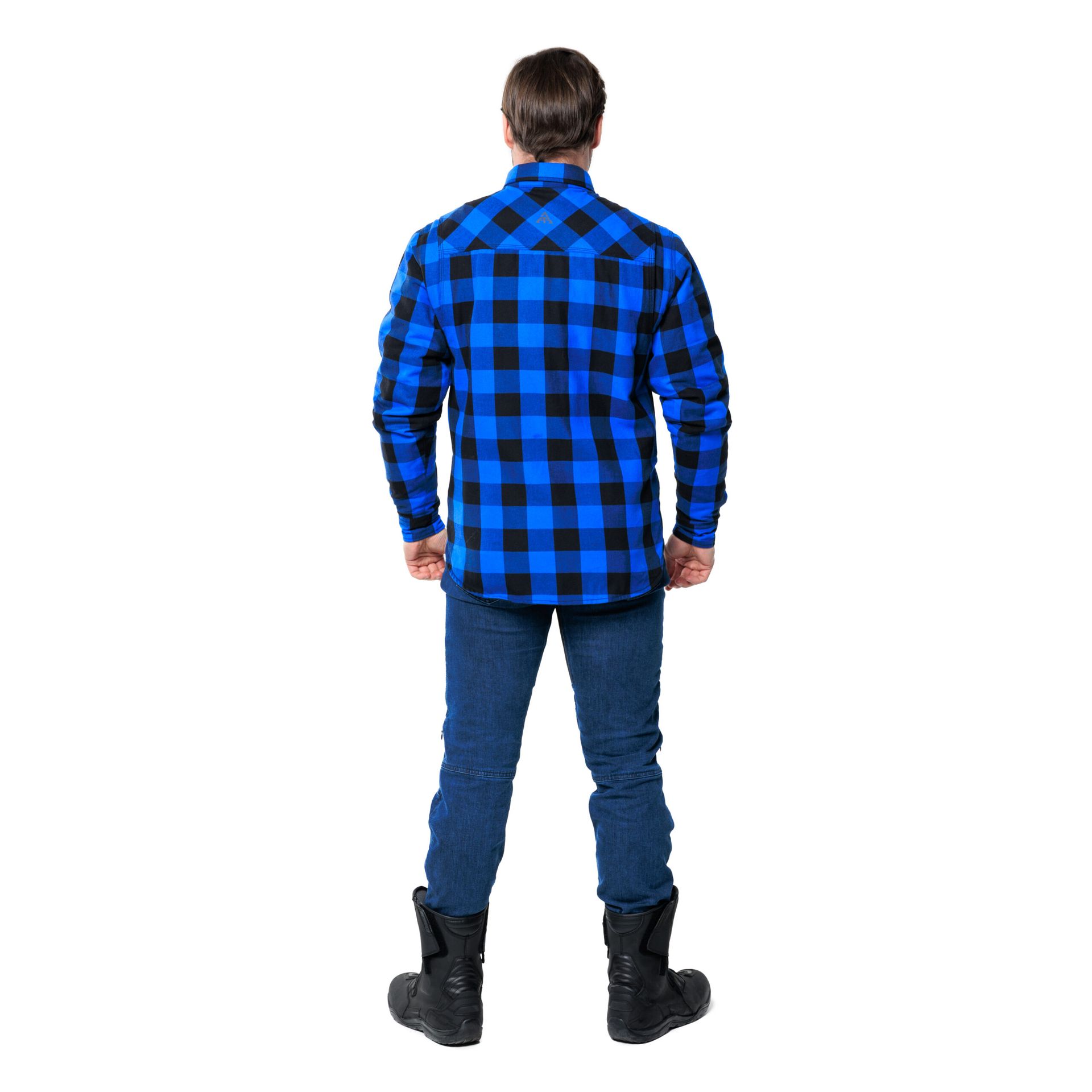 Alfa Thrust Casper Steel Blue – koszula motocyklowa, niebieska flanela w kratę, widok od tyłu na sylwetkę mężczyzny.