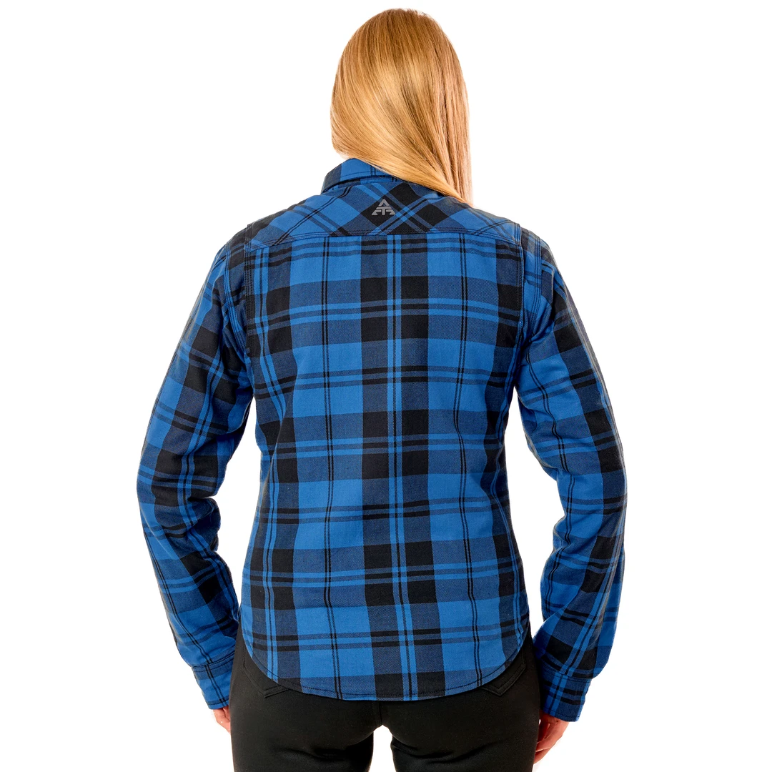 Alfa Thrust Laura Vixen – koszula motocyklowa, damska flanela w niebieską kratę, widok od tyłu na plecy.
