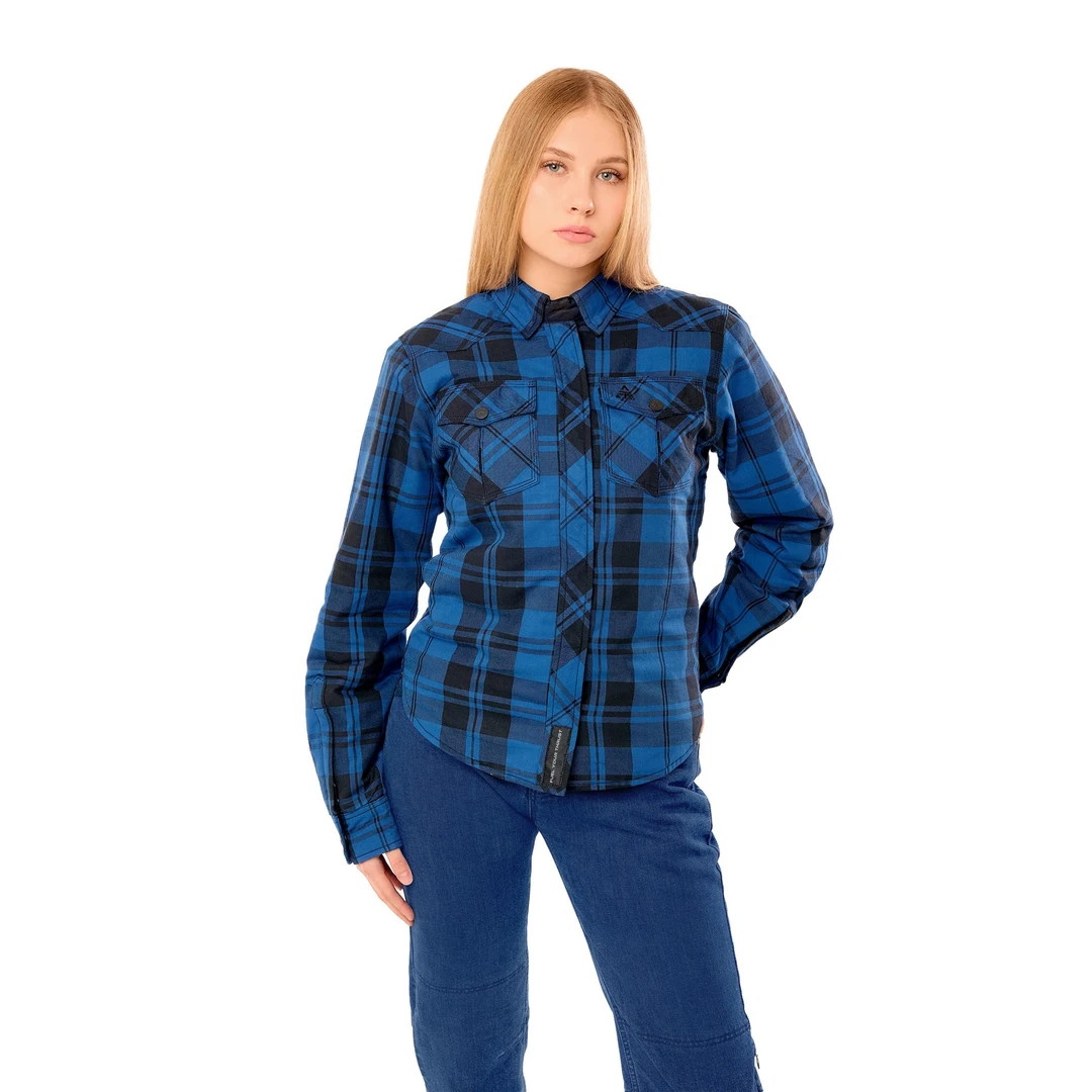 Alfa Thrust Laura Vixen – koszula motocyklowa damska, niebieska flanela ochronna na kobiecie.
