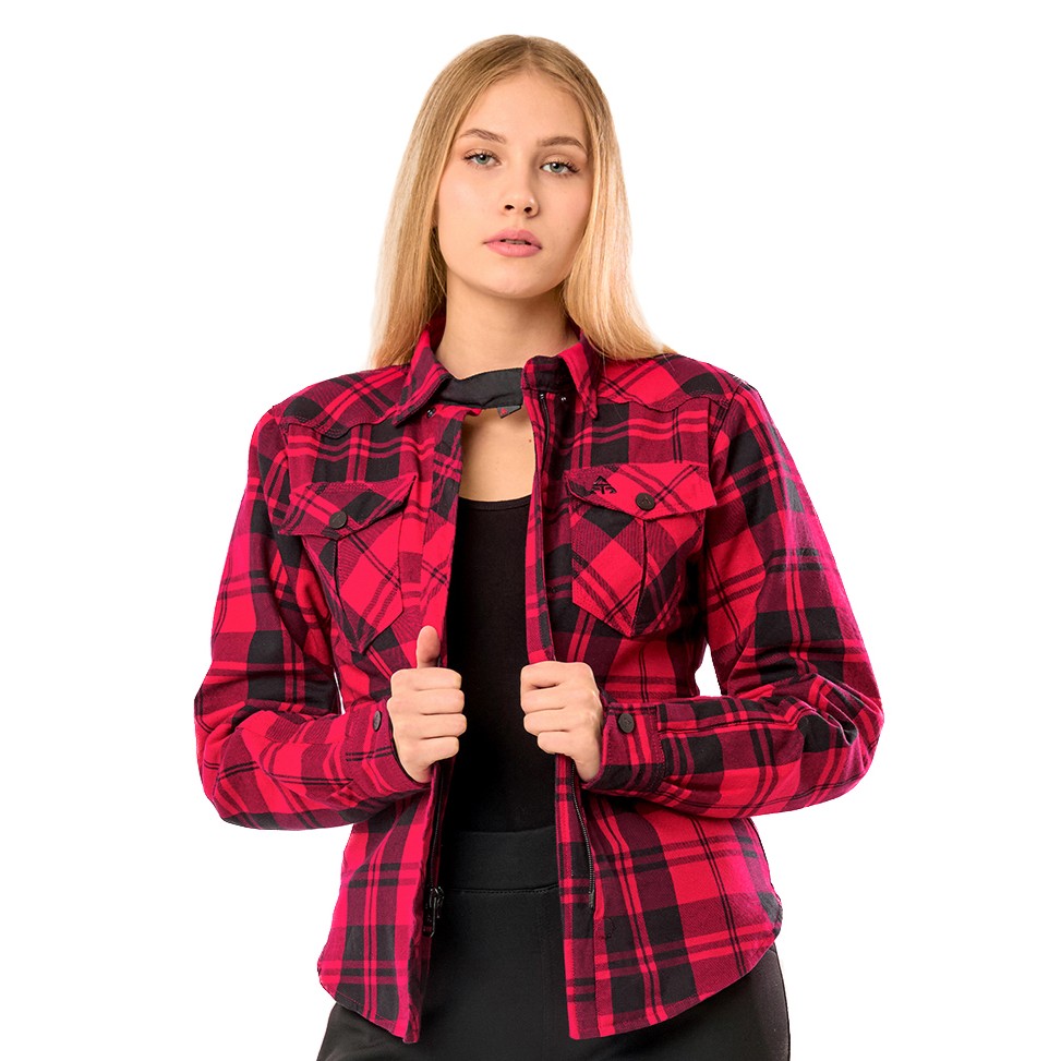Alfa Thrust Laura Vixen – koszula motocyklowa damska, czerwona flanela w kratę na kobiecie.