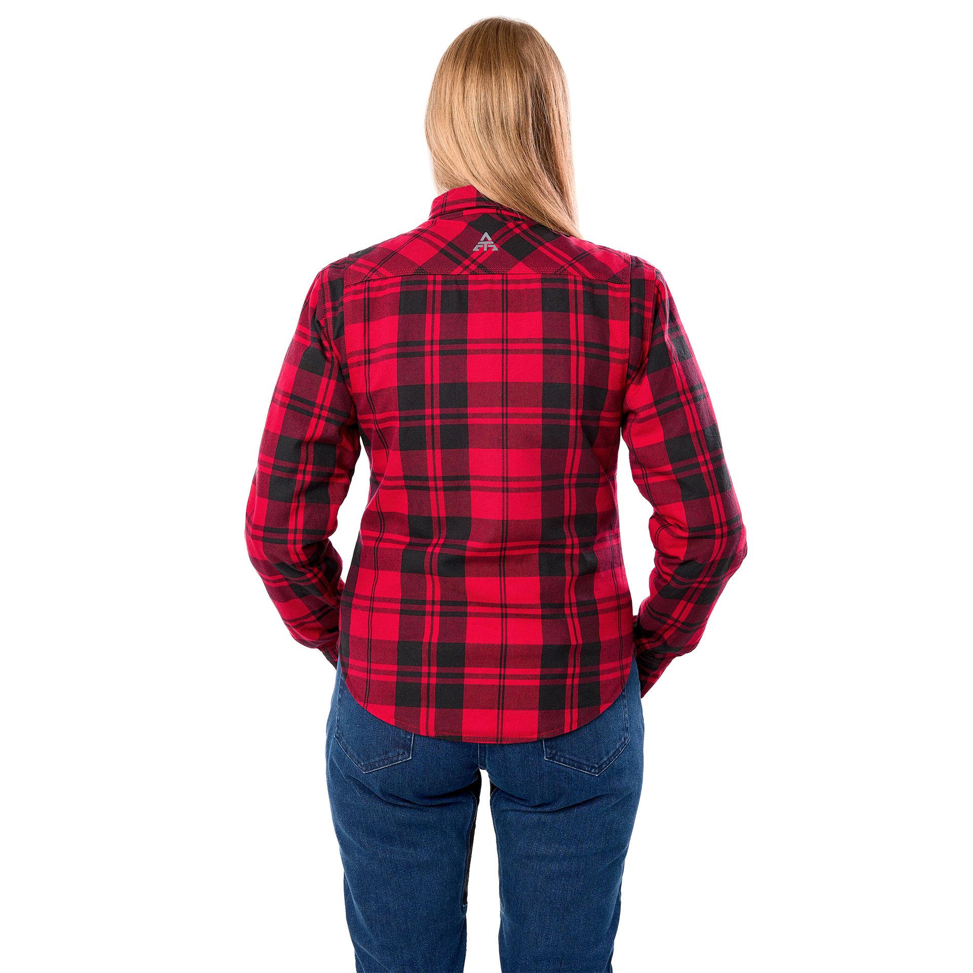 Alfa Thrust Laura Vixen – koszula motocyklowa, zbliżenie na czerwono-czarny materiał flanelowy i mankiet.