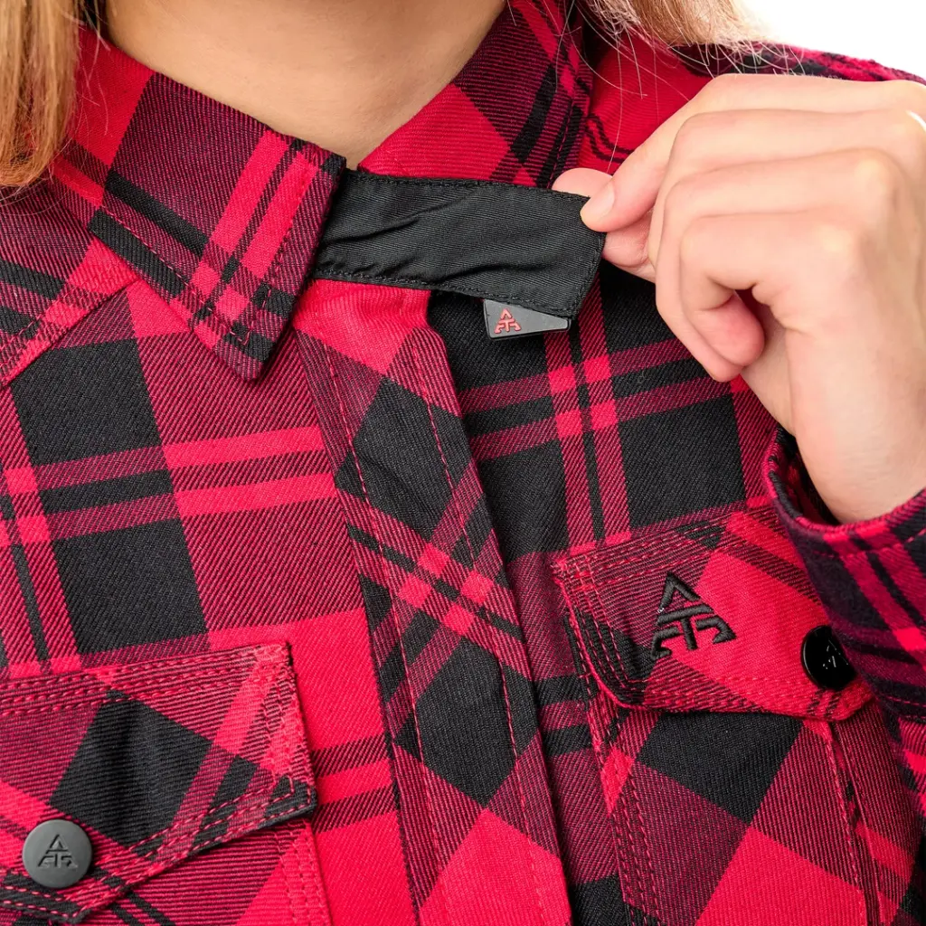Alfa Thrust Laura Vixen – koszula motocyklowa, czerwona flanela w czarną kratę z kołnierzykiem.