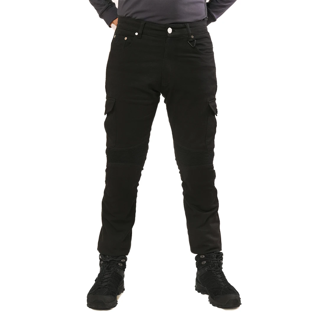 Onyx Phantom – spodnie motocyklowe, czarne jeansy męskie o dopasowanym kroju, widok z przodu na białym tle.
