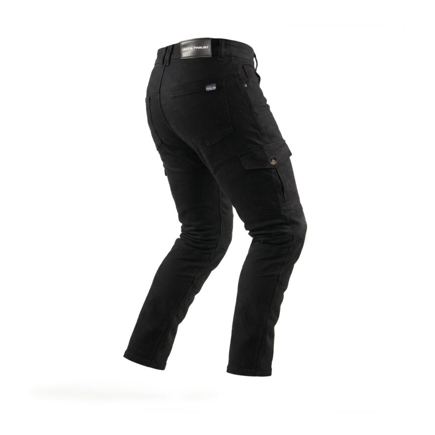 Onyx Phantom Cargo – spodnie motocyklowe, widok z tyłu na ciemne spodnie typu cargo z kieszeniami.