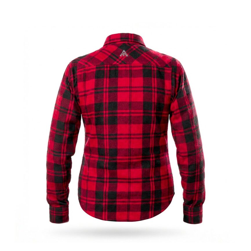Alfa Thrust Red – koszula motocyklowa, czerwona flanela damska w czarną kratę, widok od tyłu.