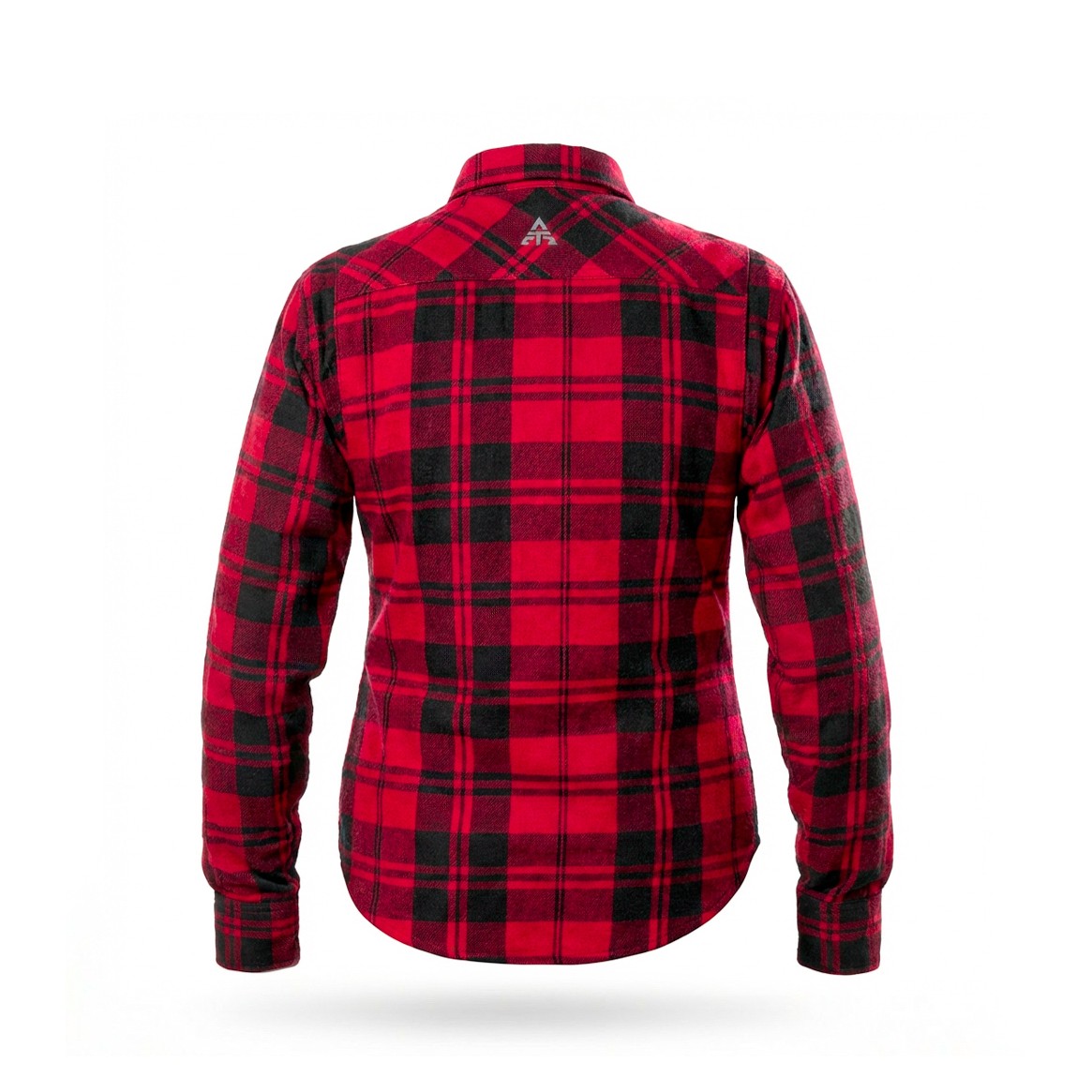 Alfa Thrust Red – koszula motocyklowa, czerwona flanela damska w czarną kratę, widok od tyłu.