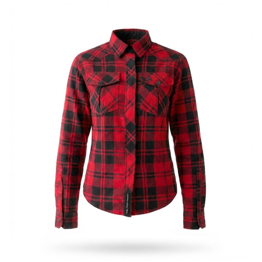 Alfa Thrust – koszula motocyklowa, czerwona flanelowa koszula damska w czarną kratę, widok z przodu