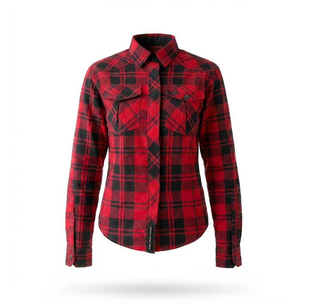 Alfa Thrust – koszula motocyklowa, czerwona flanelowa koszula damska w czarną kratę, widok z przodu